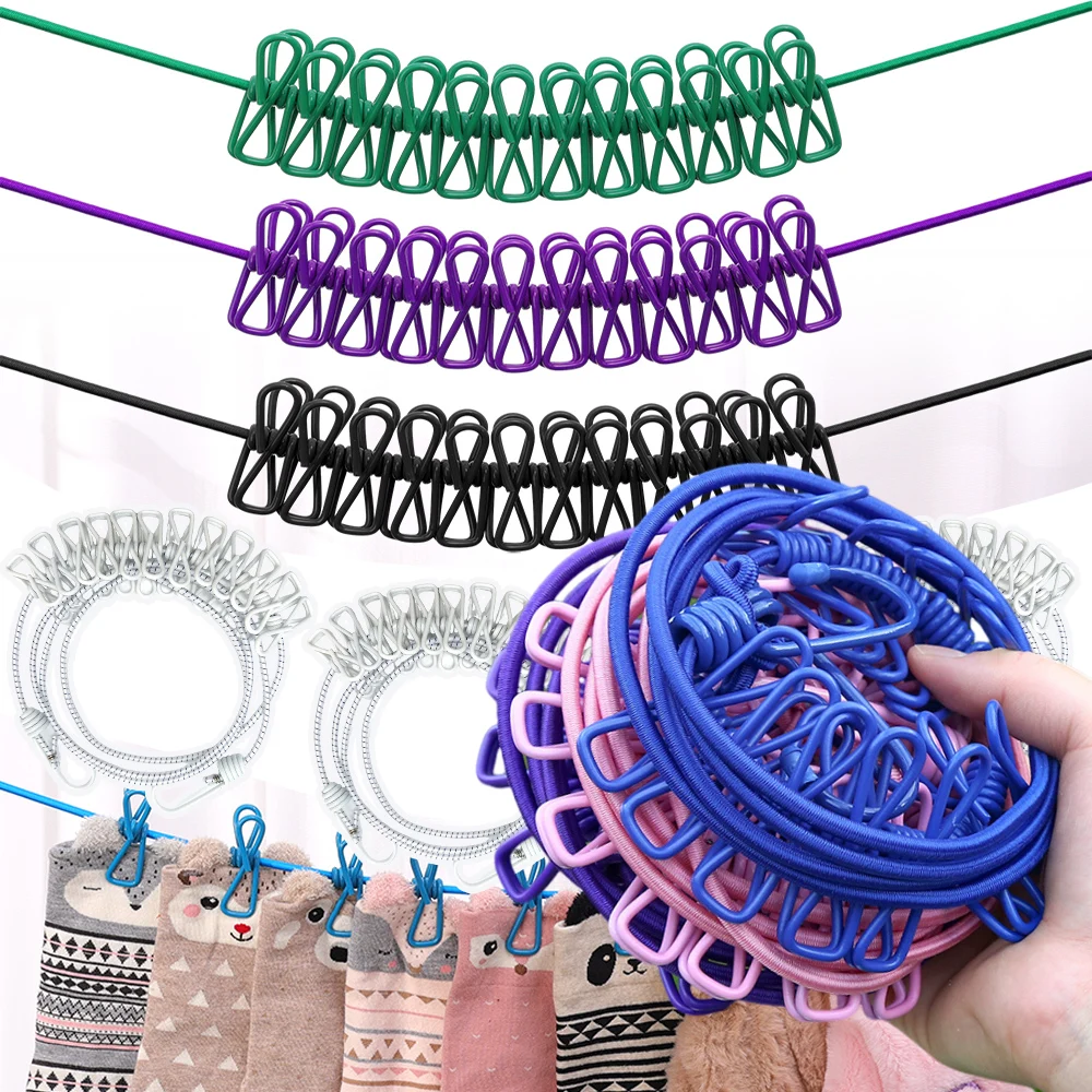 حبل غسيل مرن محمول بمشابك - Corde à linge élastique portable avec pinces