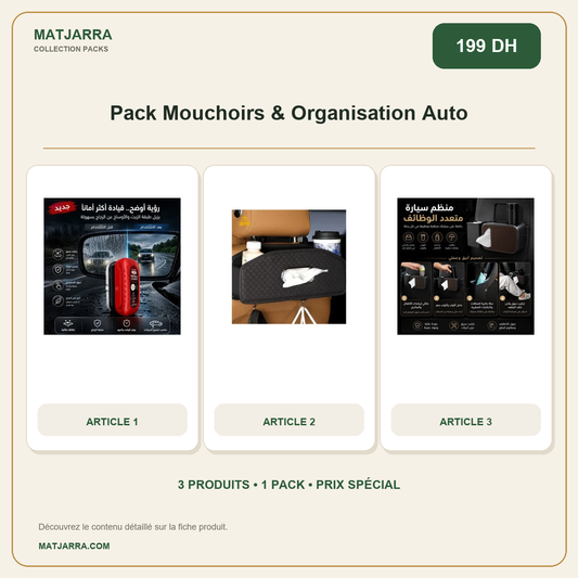 Pack Mouchoirs & Organisation Auto, pack MATJARRA de 3 produits, prix 199 DH